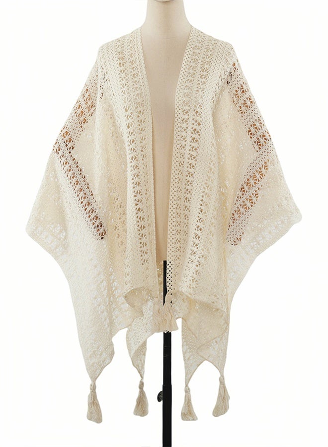 Fringe-trimmed openwork crochet shawl cape women's coat - Image 3